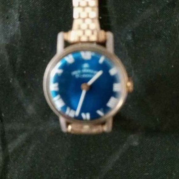 VINTAGE PAUL GARNIER LADIES 21 JEWEL WATCH ROUND WITH BLUE FACE AND SPEIDEL 10KT - Picture 5 of 7